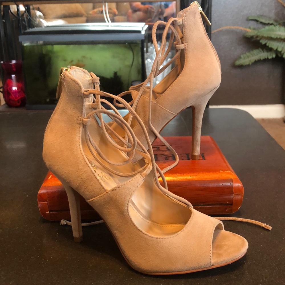 Vince Camuto beige suede Elegant string wrap heels